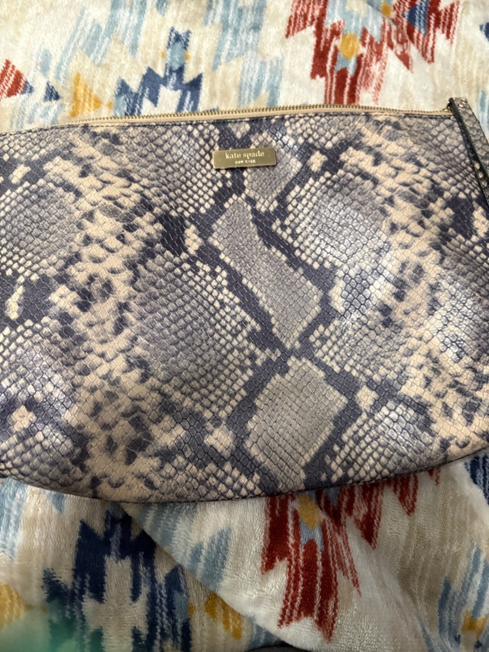 kate spade Gray and Navy Snake-Print Zip Pouch